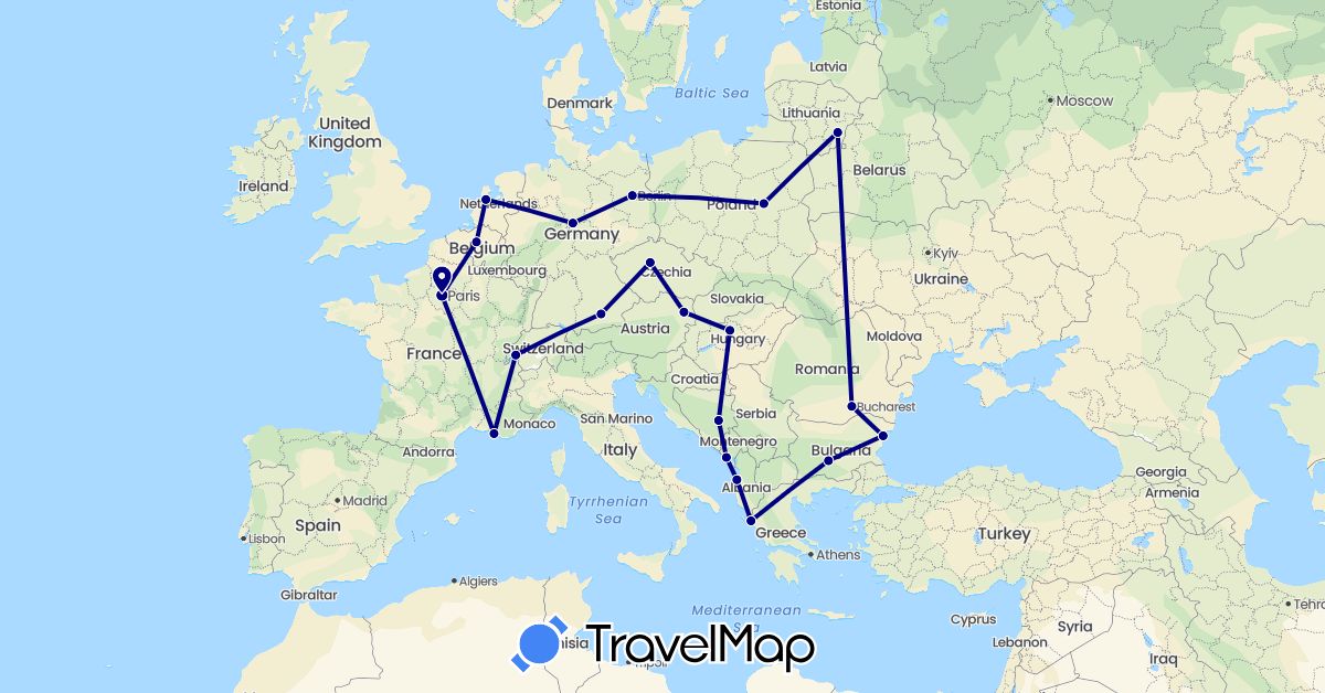 TravelMap itinerary: driving in Albania, Austria, Bosnia and Herzegovina, Belgium, Bulgaria, Switzerland, Czech Republic, Germany, France, Greece, Hungary, Lithuania, Montenegro, Netherlands, Poland, Romania (Europe)